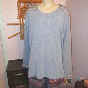 Outback Trading Waffle Knit Henley Sweater Top Size 3X Embroidered Western Aztec